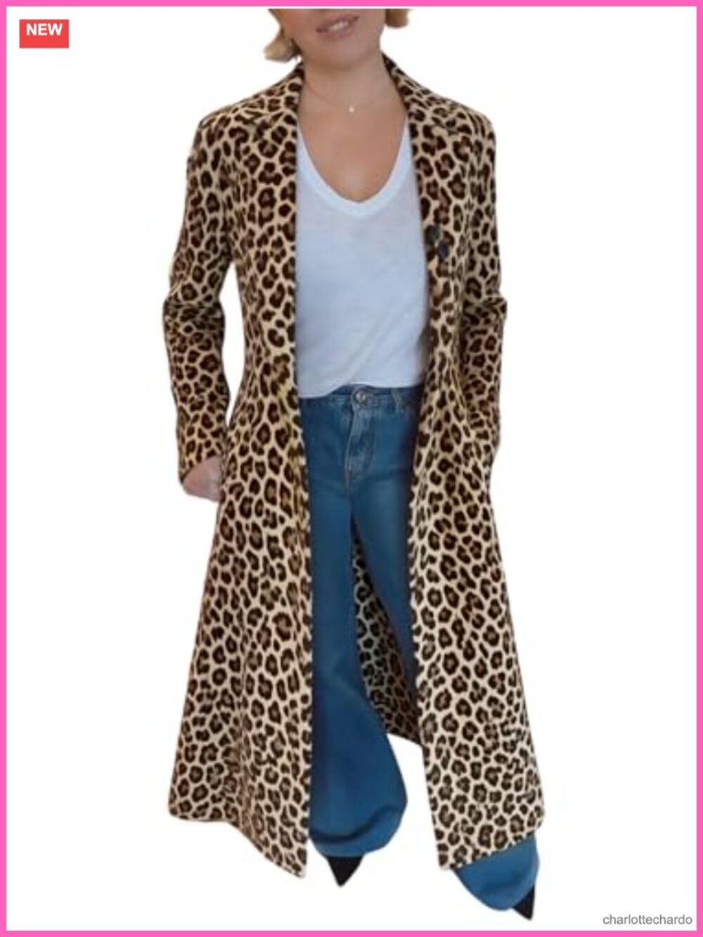 Women's Leopard Print Long Sleeve Trench Coat Slim Fit Dress Coat